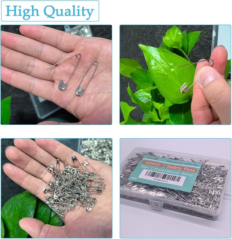 Urmspst Safety Pins, 600PCS-1.5Inch Small Safety Pins, Rust-Resistant Nickel Plated Steel, Sharp Edge Safety Pin for Clothes, Sewing, Arts & Craft, 38mm Decorative Safety Pins (Silver), UR-28 - Image 3